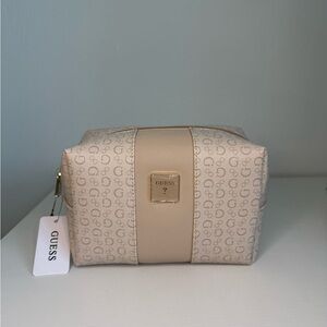 GUESS Cosmetic Bag Makeup Pouch Travel Case Beige Logo Zip  NEW